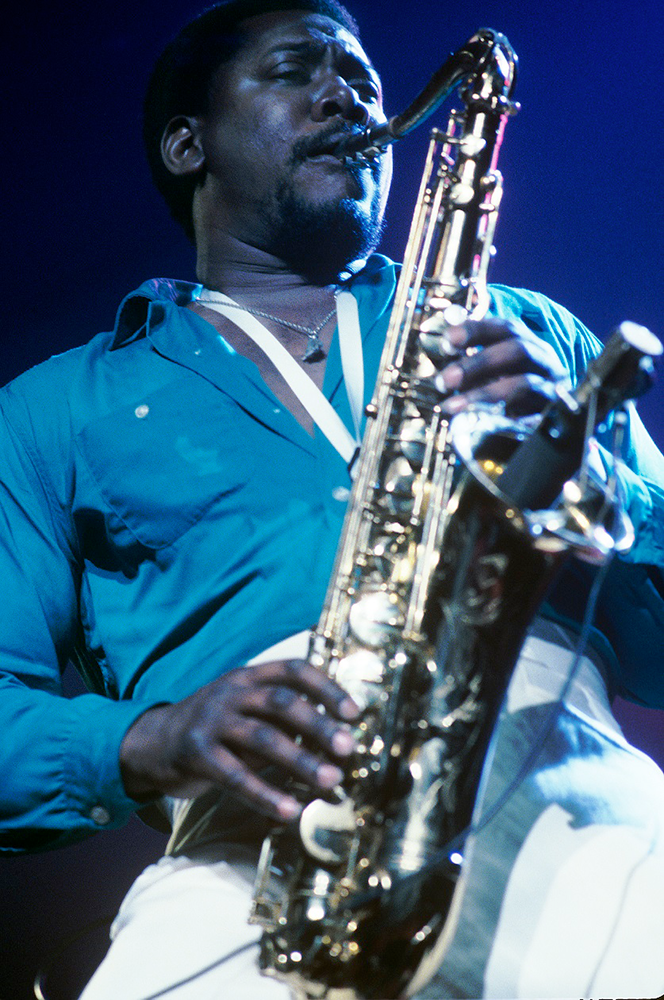 Clarence Clemons playing the saxophone during a Bruce Springsteen concert