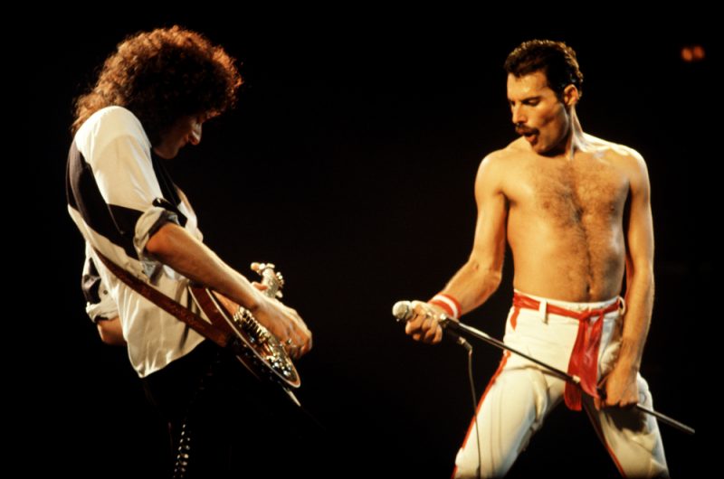 Freddie Mercury and Brian May of Queen performing in Philadelphia, PA, July 1982